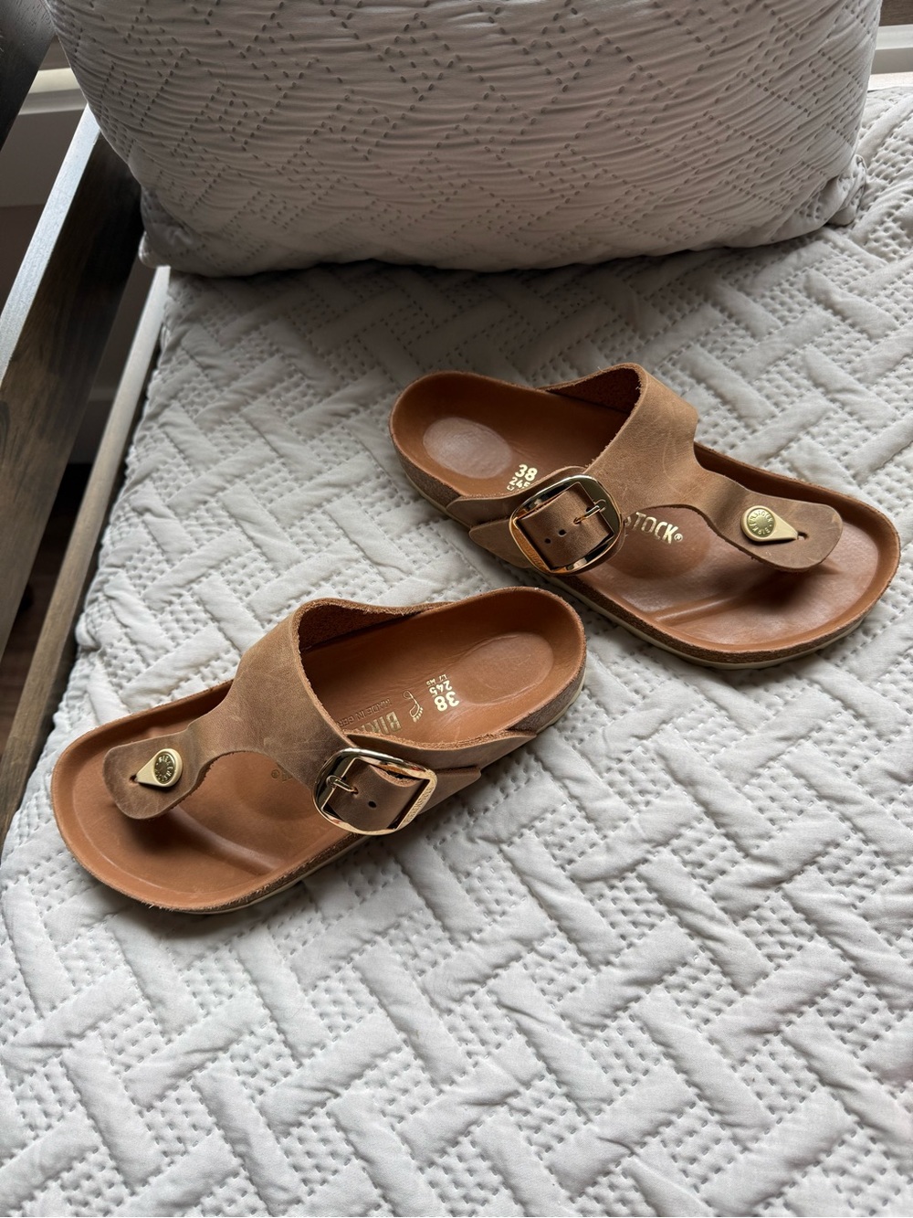 Birkenstock Big Buckle Tan Leather Slide Sandals with Gold Buckles - Picture 8 of 8
